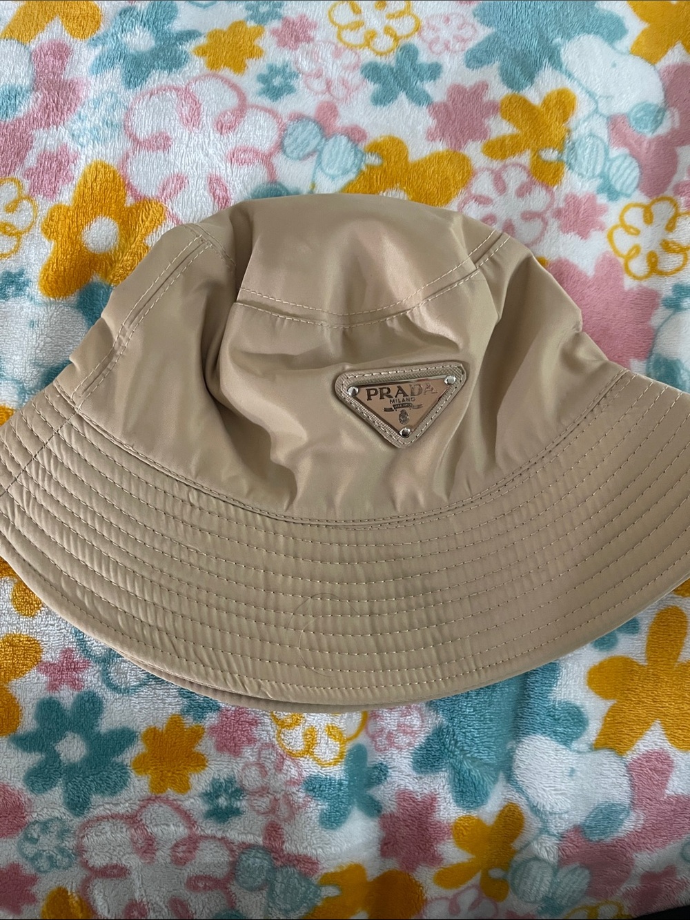 Beige Nylon Bucket Hat with Triangular Logo